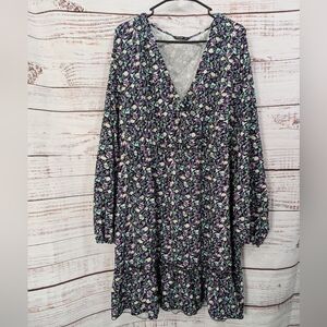 Shein Curve Purple Green White Floral V-neck Long Sleeve Dress Size 4XL